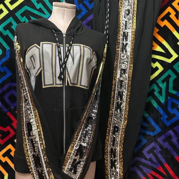 PINK Victoria's Secret Pants - Black Hoodie with Gold and Silver Sequin Details